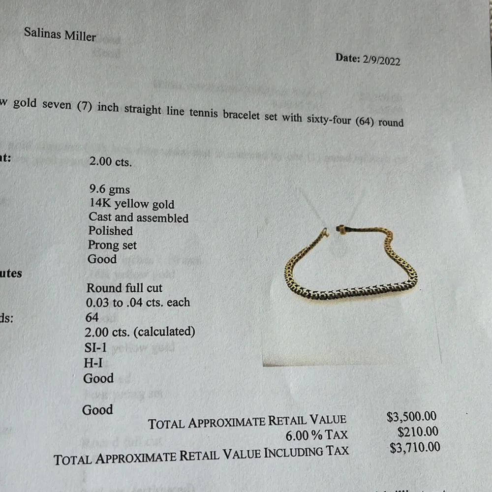 2 carat. Natural Diamond tennis bracelet. 14 K yellow gold. 7 inch straight.